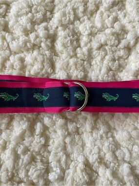 Navy & Hot Pink Ribbon D-Ring Belt with Green Embroidery